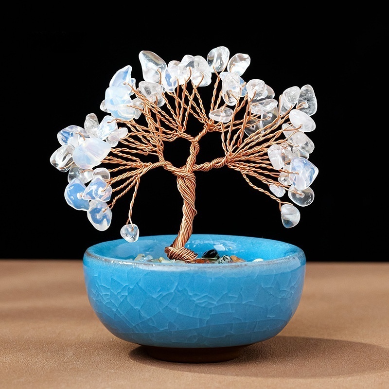 Natural crystal + colorful gravel teacup base tree of life home decoration 6 tree heads