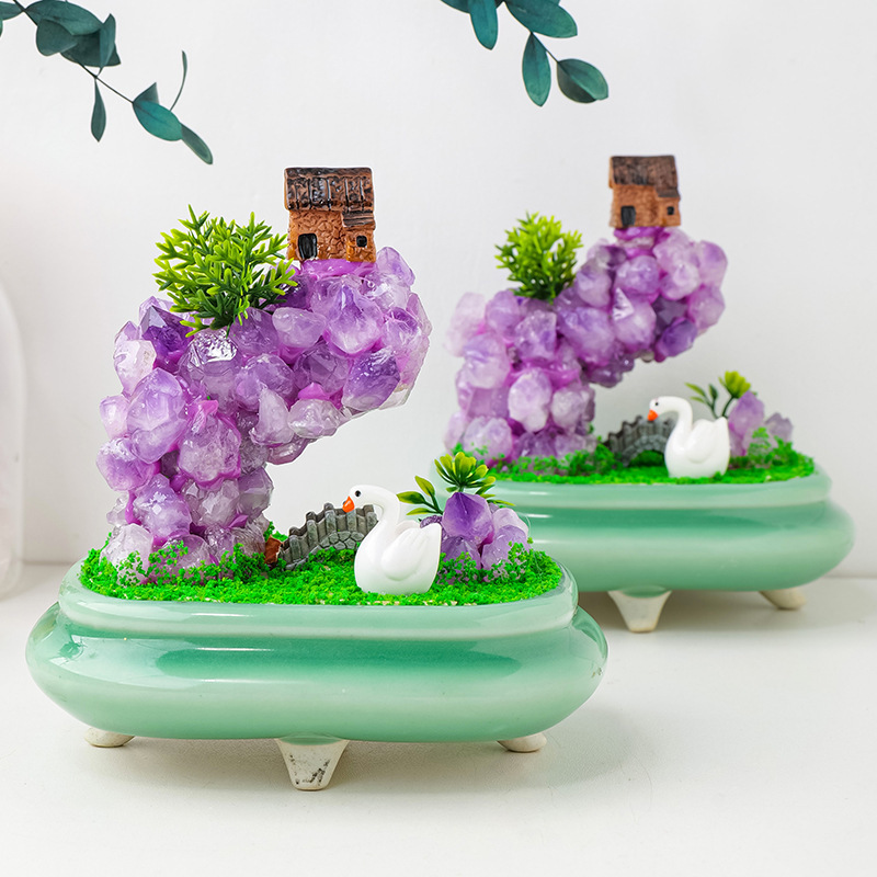 Natural amethyst tooth flower bonsai creative handmade crystal crafts