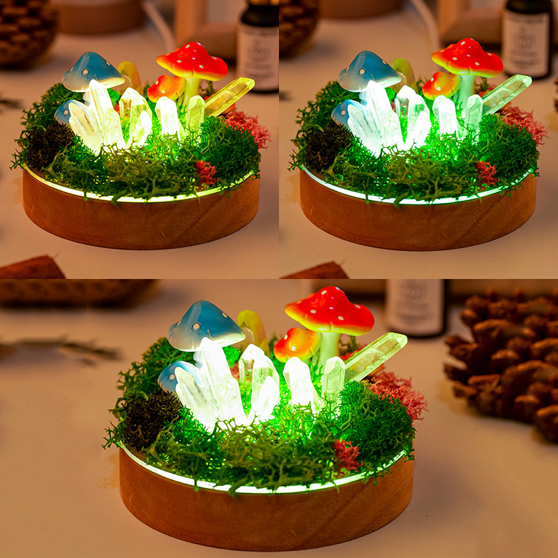 Natural clear quartz single crystal forest mushroom night light