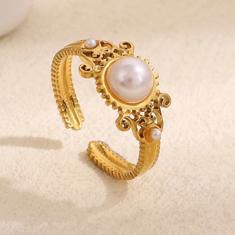 Palace style retro pearl pattern engraved ring titanium steel fashionable all-match open adjustable ring