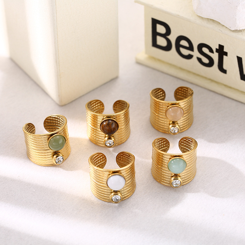French retro natural stone wide open ring titanium steel non-fading jewelry