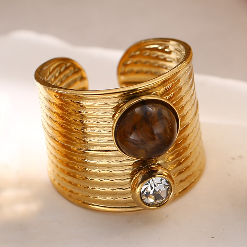French retro natural stone wide open ring titanium steel non-fading jewelry