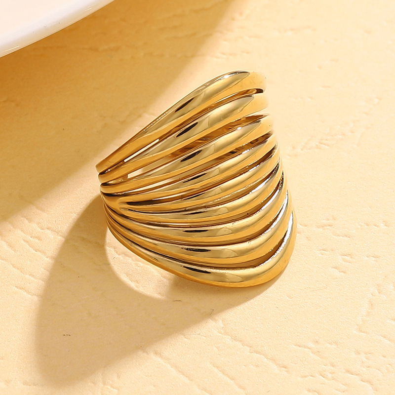 Stainless steel personality exaggerated metal ring 14K high-grade open adjustable hollow line ring