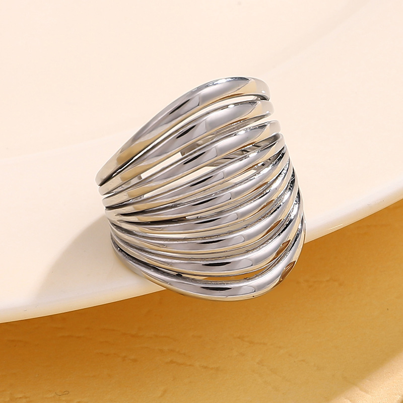 Stainless steel personality exaggerated metal ring 14K high-grade open adjustable hollow line ring