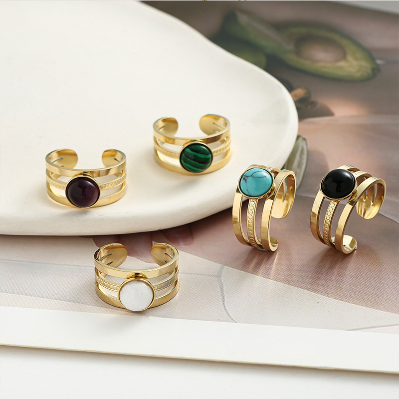 Light luxury colorful natural stone three-layer ring high-end personality simple versatile wide version movable ring