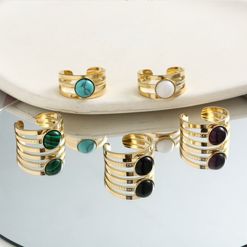 Light luxury colorful natural stone three-layer ring high-end personality simple versatile wide version movable ring