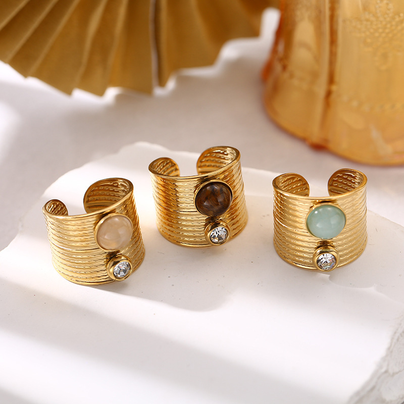 French retro natural stone wide open ring titanium steel non-fading jewelry