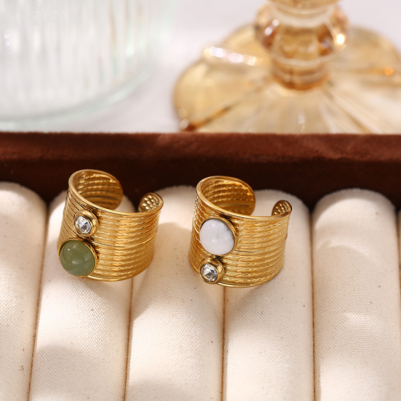 French retro natural stone wide open ring titanium steel non-fading jewelry