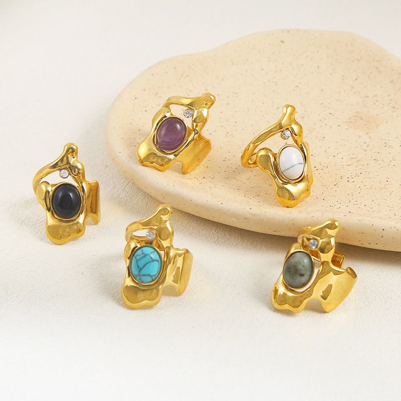 Personalized irregular natural stone ring stainless steel design high-grade adjustable ring