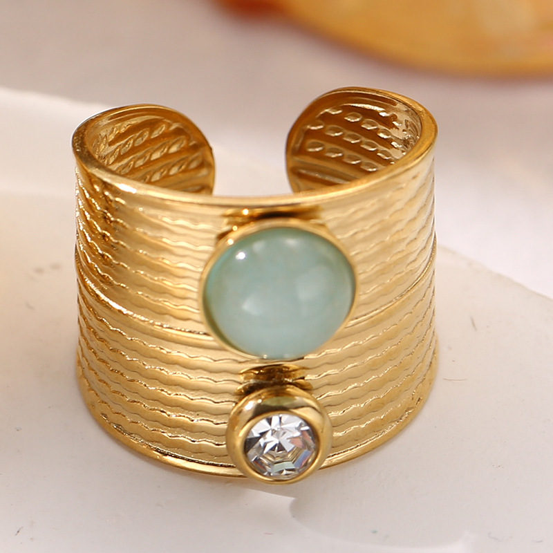 French retro natural stone wide open ring titanium steel non-fading jewelry