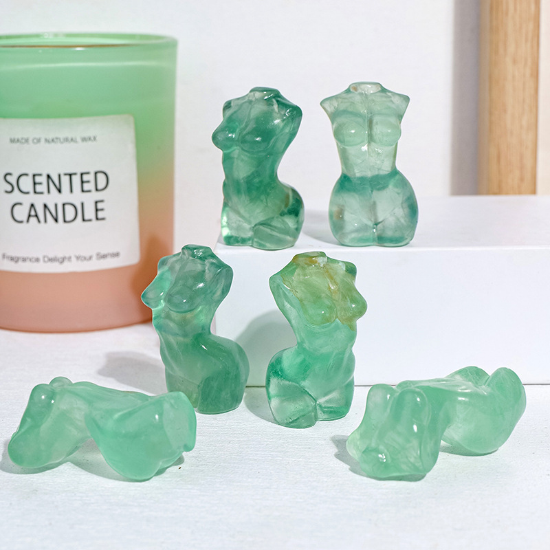 Natural crystal green fluorite female model torso carving piece raw stone mine mark polishing