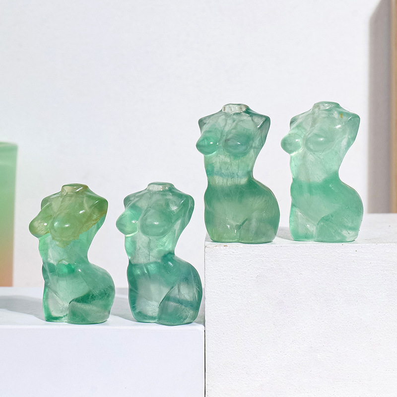 Natural crystal green fluorite female model torso carving piece raw stone mine mark polishing