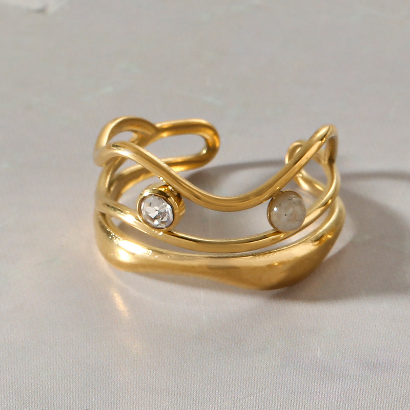 Wide hollow three-layer stainless steel ring does not fade natural stone dot diamond open ring