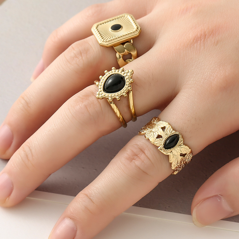 French retro leaf pattern natural stone open ring unique fashion stainless steel versatile ring