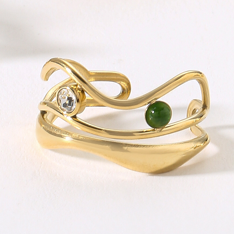 Wide hollow three-layer stainless steel ring does not fade natural stone dot diamond open ring