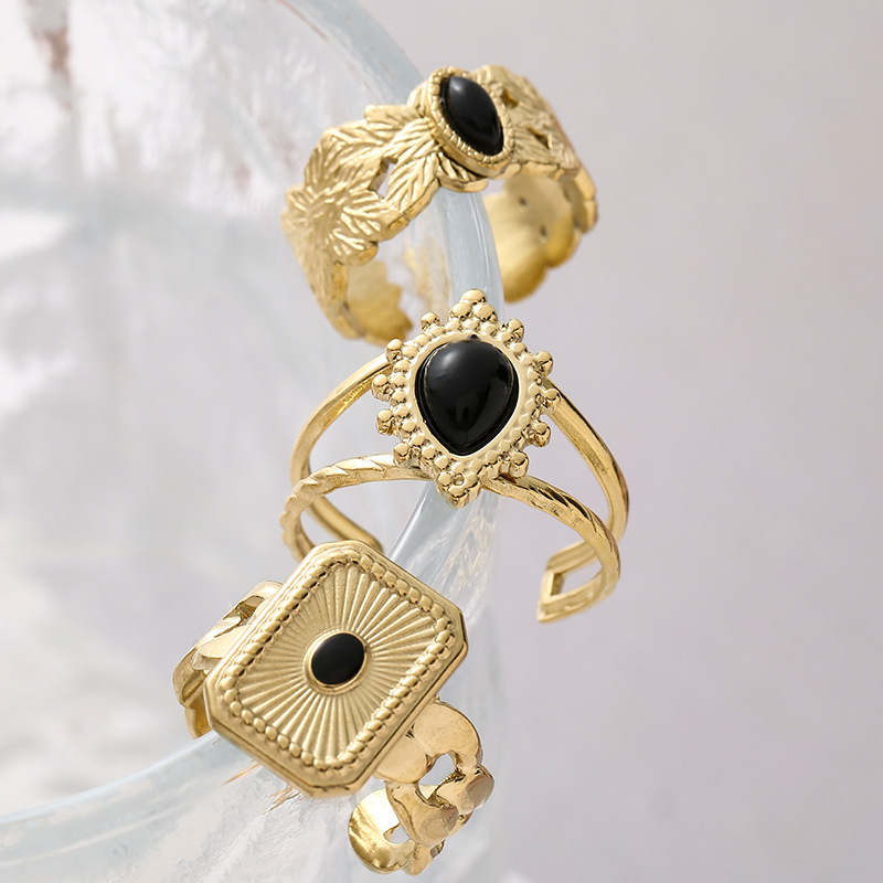 French retro leaf pattern natural stone open ring unique fashion stainless steel versatile ring