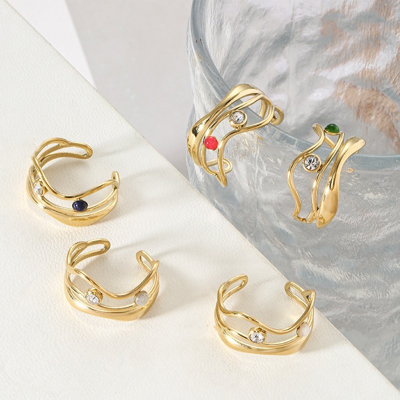 Wide hollow three-layer stainless steel ring does not fade natural stone dot diamond open ring