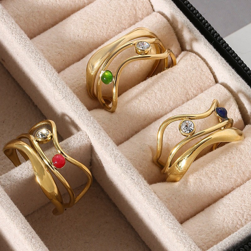 Wide hollow three-layer stainless steel ring does not fade natural stone dot diamond open ring