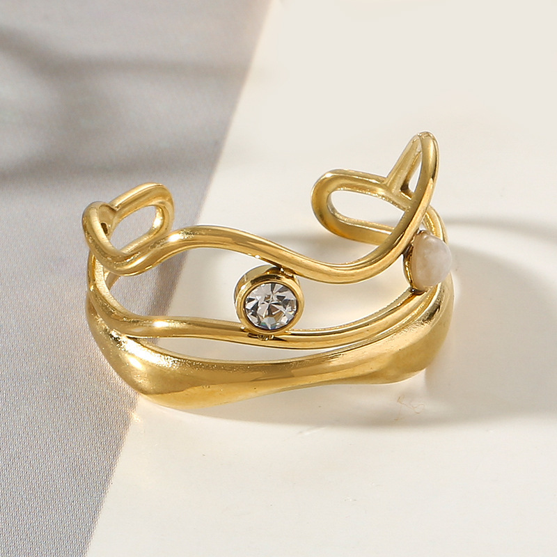 Wide hollow three-layer stainless steel ring does not fade natural stone dot diamond open ring