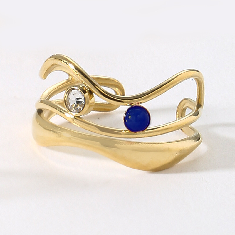 Wide hollow three-layer stainless steel ring does not fade natural stone dot diamond open ring