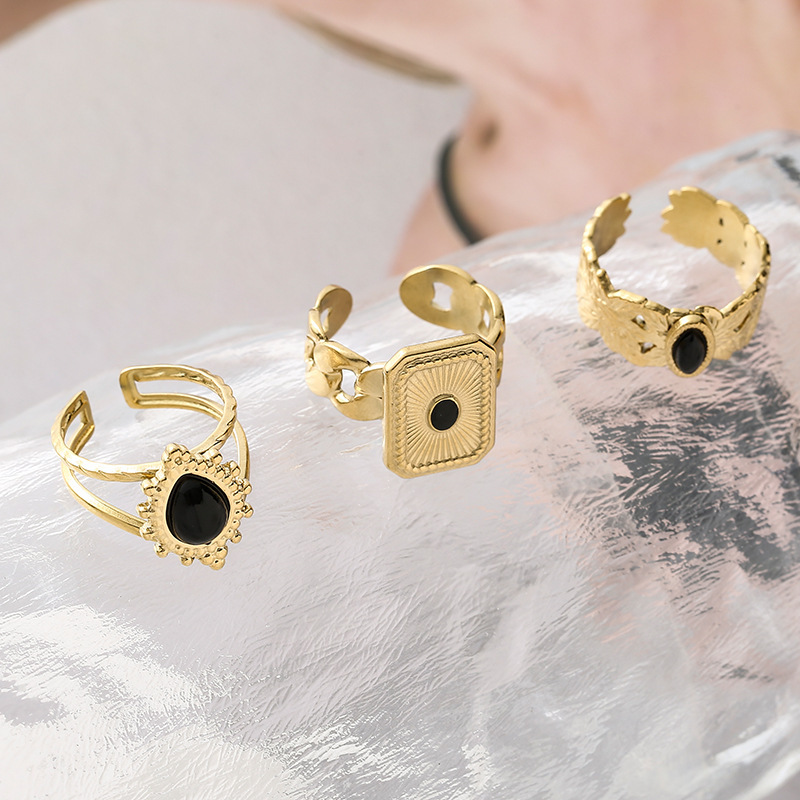 French retro leaf pattern natural stone open ring unique fashion stainless steel versatile ring
