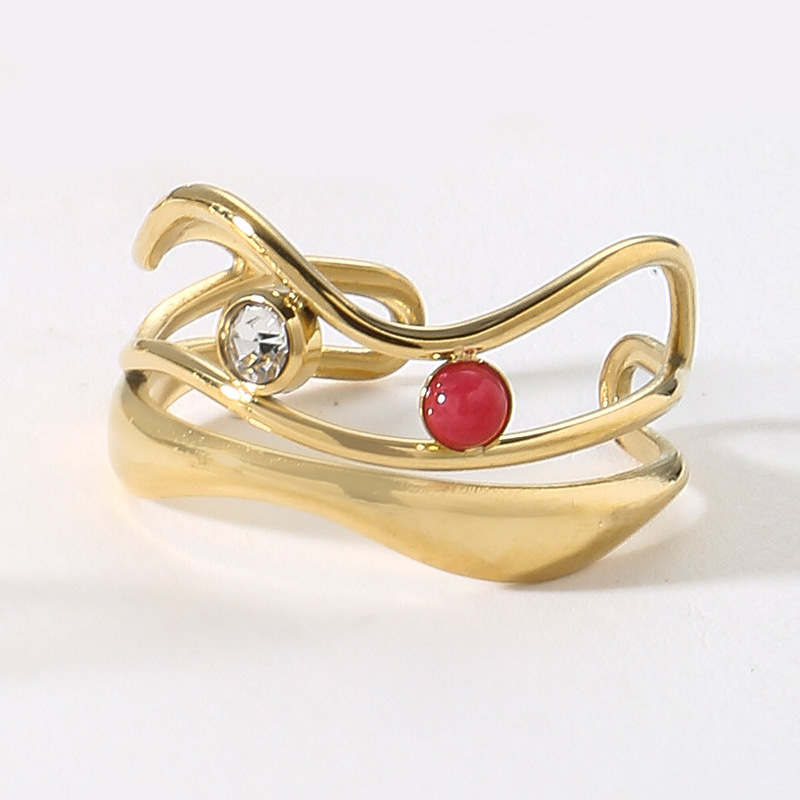 Wide hollow three-layer stainless steel ring does not fade natural stone dot diamond open ring