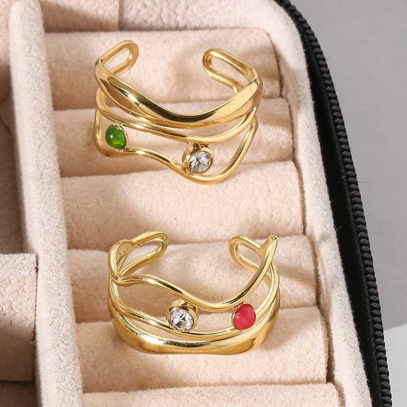 Wide hollow three-layer stainless steel ring does not fade natural stone dot diamond open ring