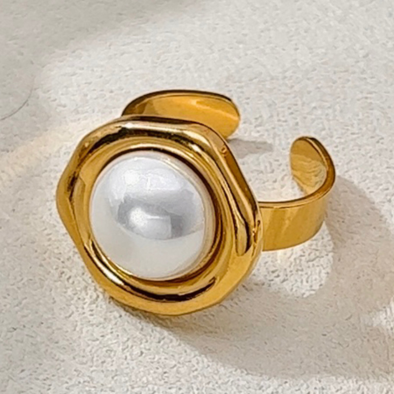 Stainless steel pearl ring plated with 18K gold high-grade adjustable