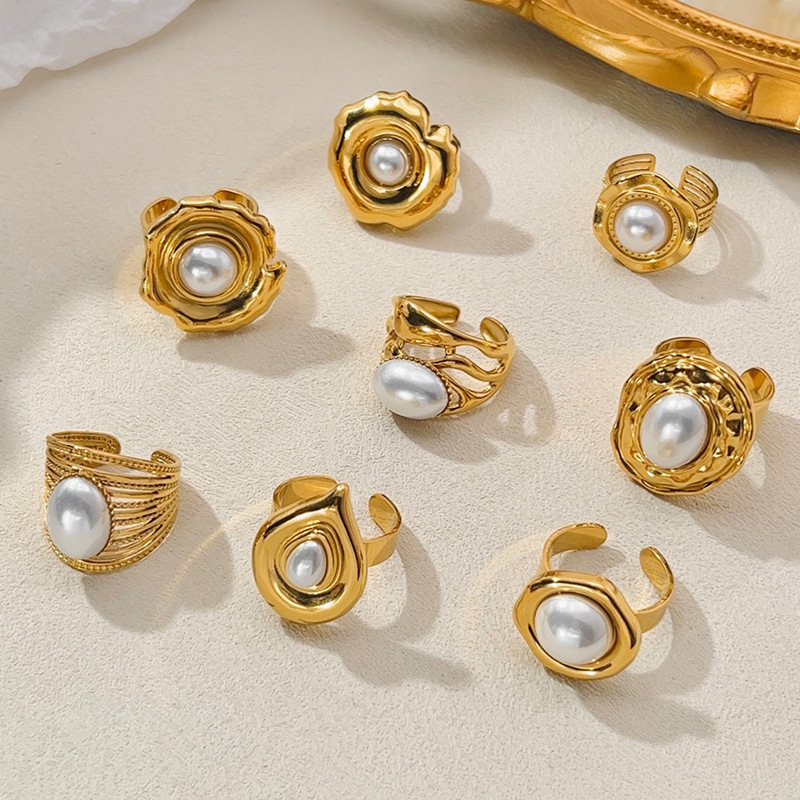 Stainless steel pearl ring plated with 18K gold high-grade adjustable