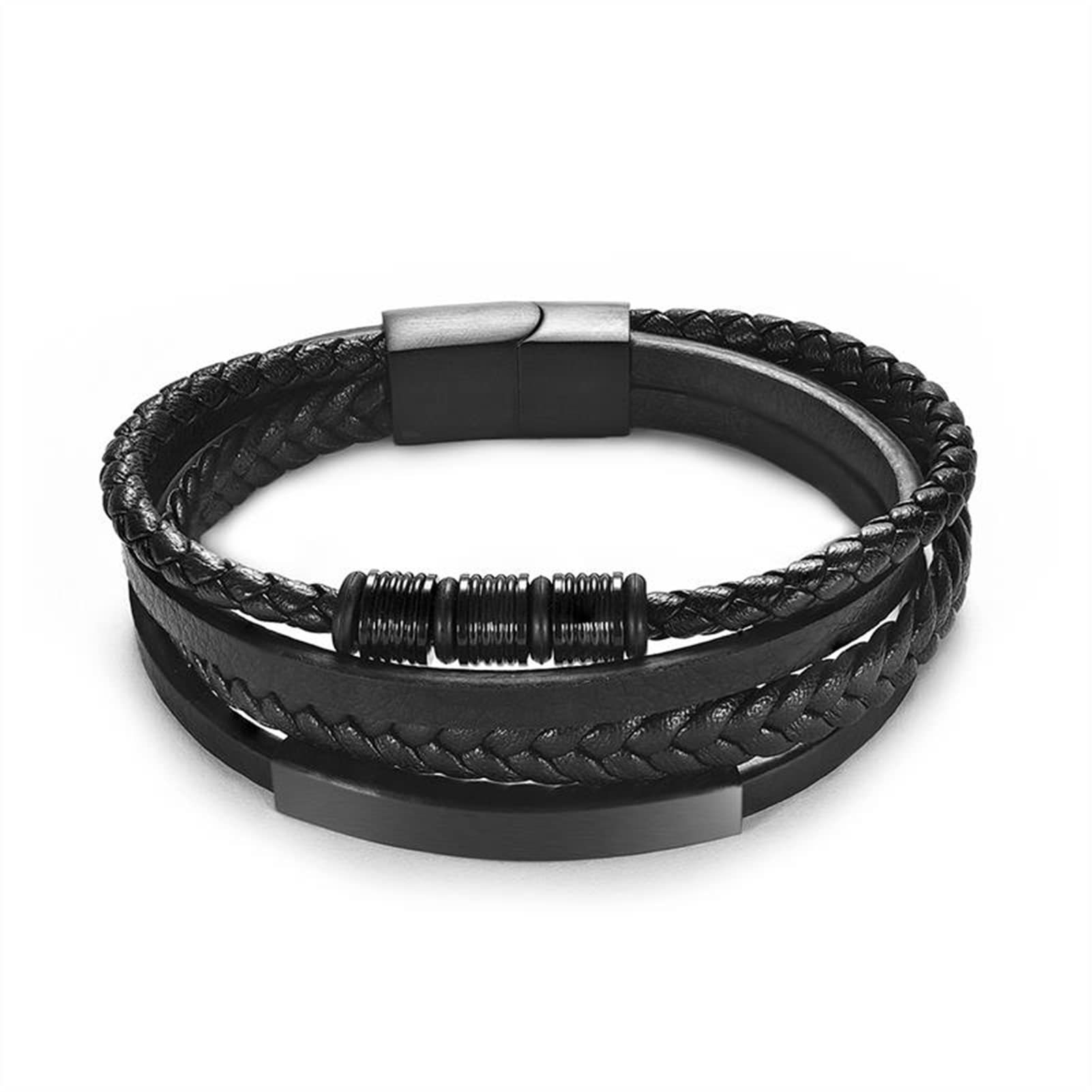 Men's Leather Bracelet Black Bend Magnetic Clasp Handmade Braided Stainless Steel Leather Bracelet
