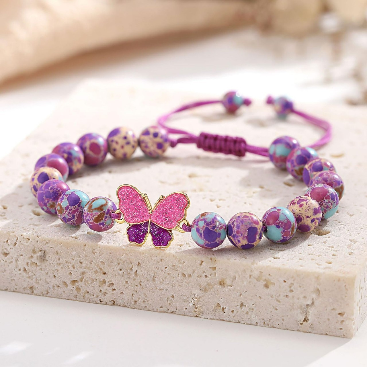 Natural stone beads 8mm flat knot braided adjustable butterfly emperor stone bracelet