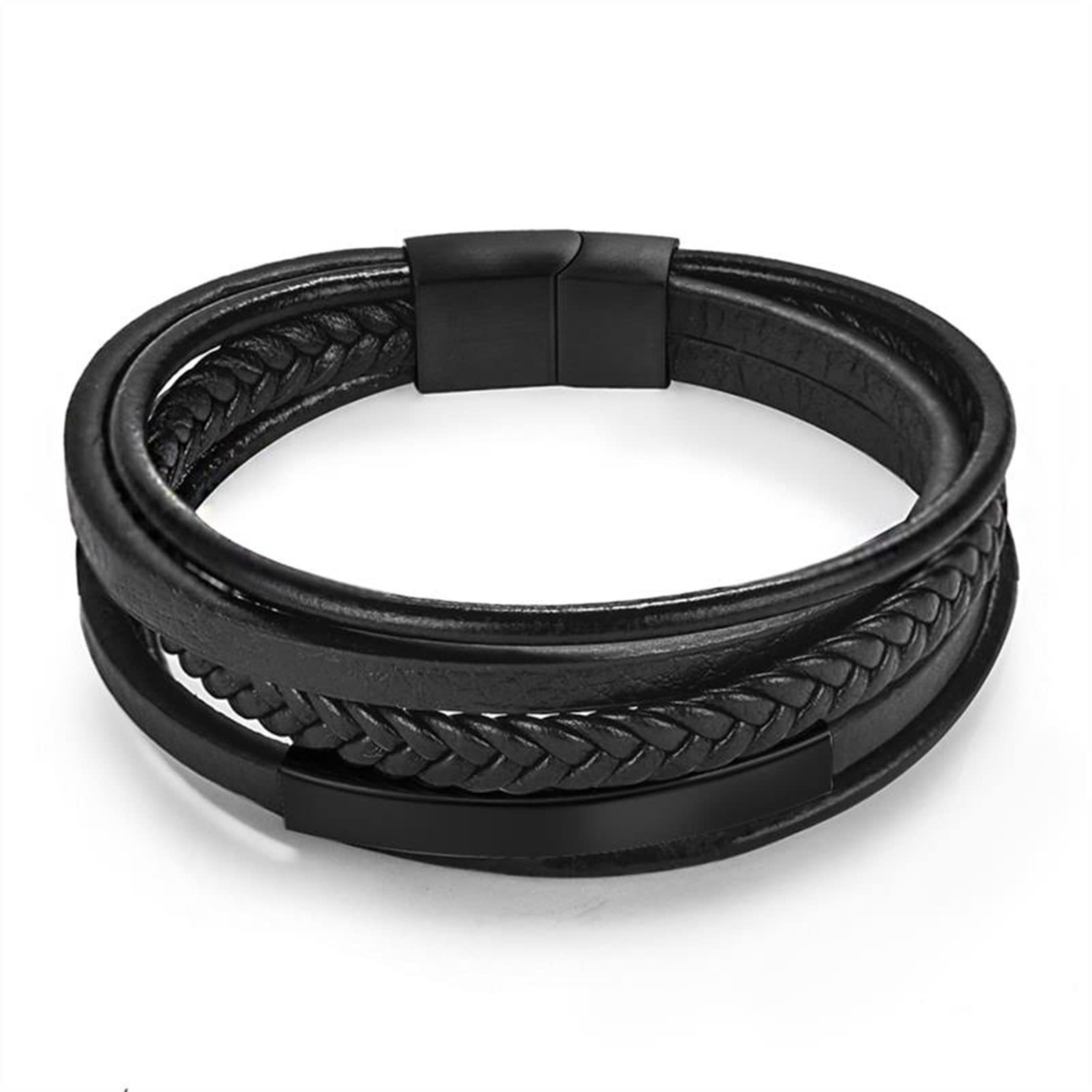 Men's Leather Bracelet Black Bend Magnetic Clasp Handmade Braided Stainless Steel Leather Bracelet