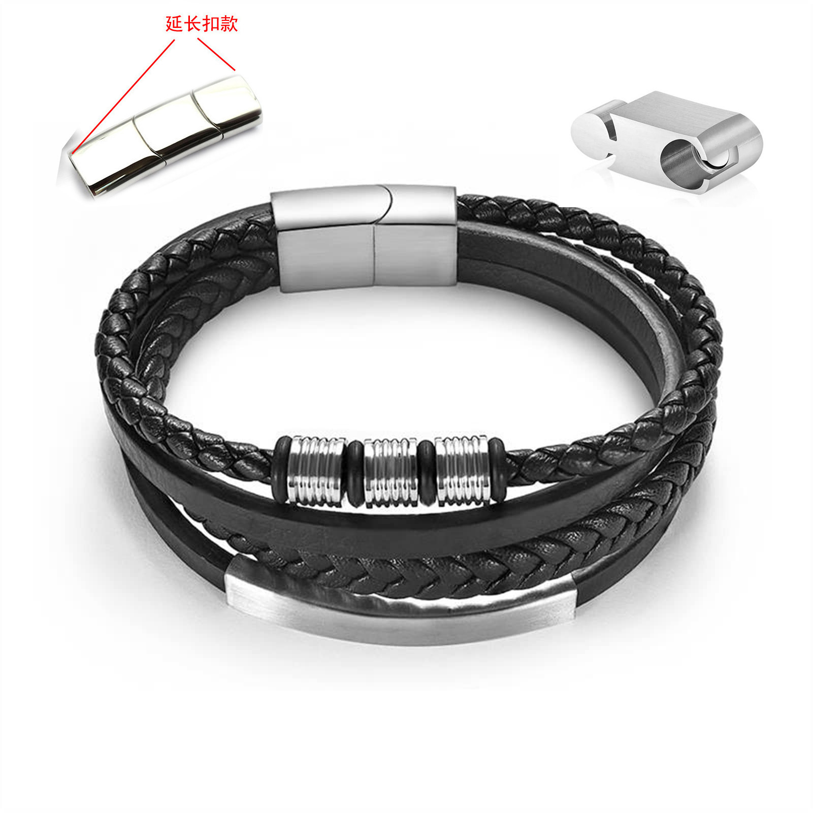 Men's Leather Bracelet Black Bend Magnetic Clasp Handmade Braided Stainless Steel Leather Bracelet