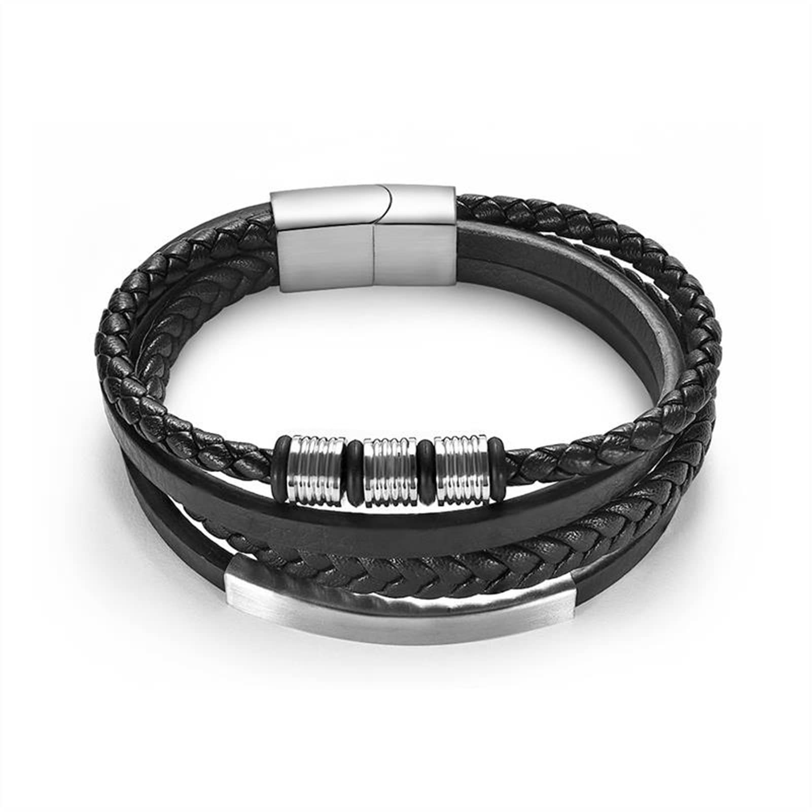 Men's Leather Bracelet Black Bend Magnetic Clasp Handmade Braided Stainless Steel Leather Bracelet