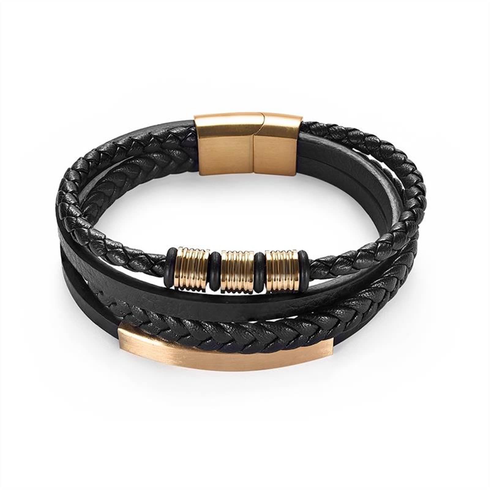 Men's Leather Bracelet Black Bend Magnetic Clasp Handmade Braided Stainless Steel Leather Bracelet