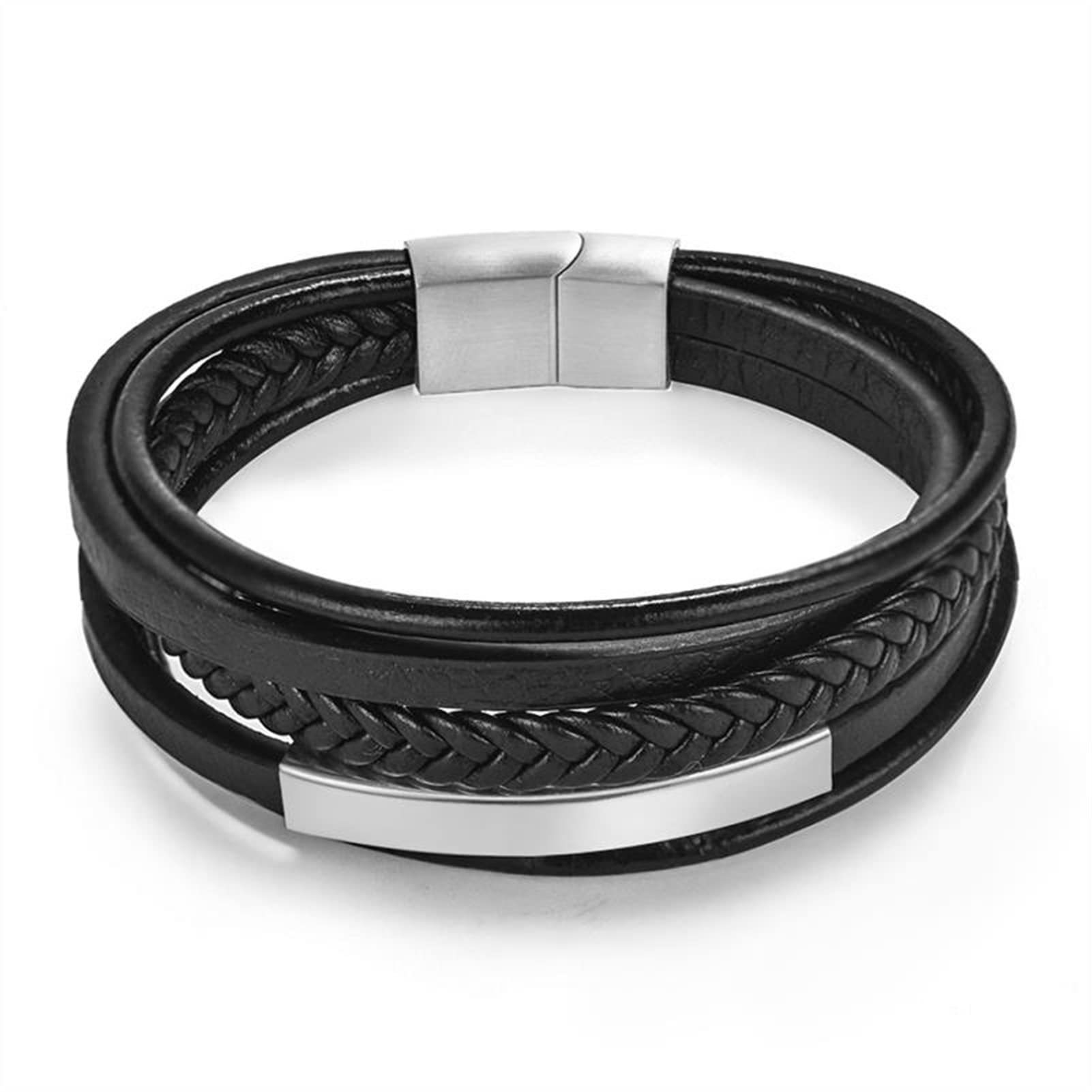 Men's Leather Bracelet Black Bend Magnetic Clasp Handmade Braided Stainless Steel Leather Bracelet