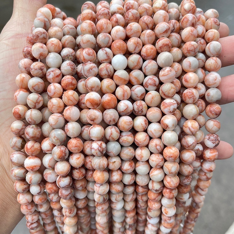 Natural pink grid stone loose beads round beads diy jewelry accessories