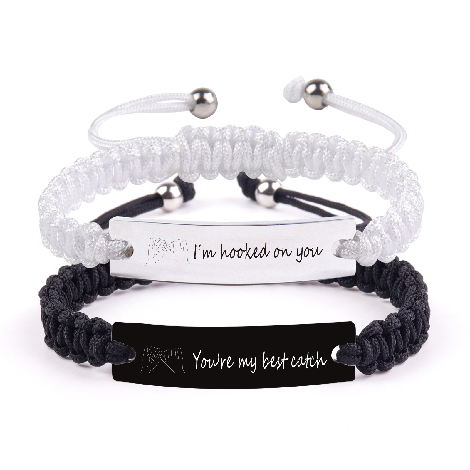 Couple steel plate engraved silver beads hand-woven love magnetic stainless steel bracelet