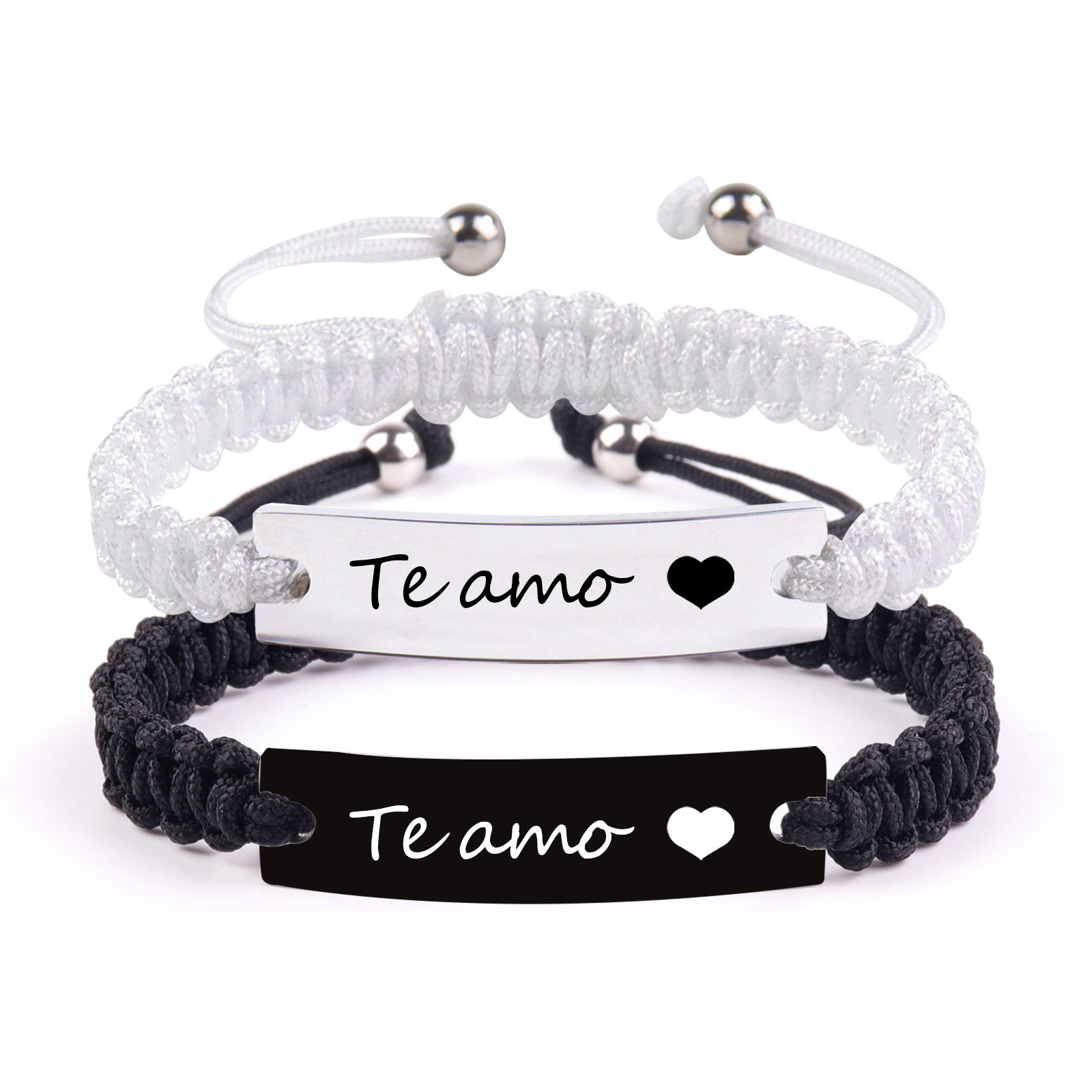 Couple steel plate engraved silver beads hand-woven love magnetic stainless steel bracelet