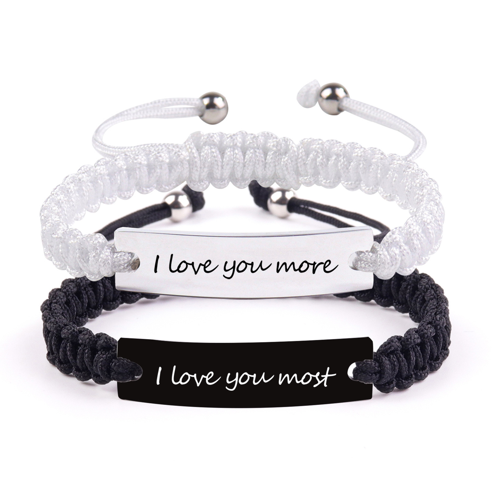 Couple steel plate engraved silver beads hand-woven love magnetic stainless steel bracelet