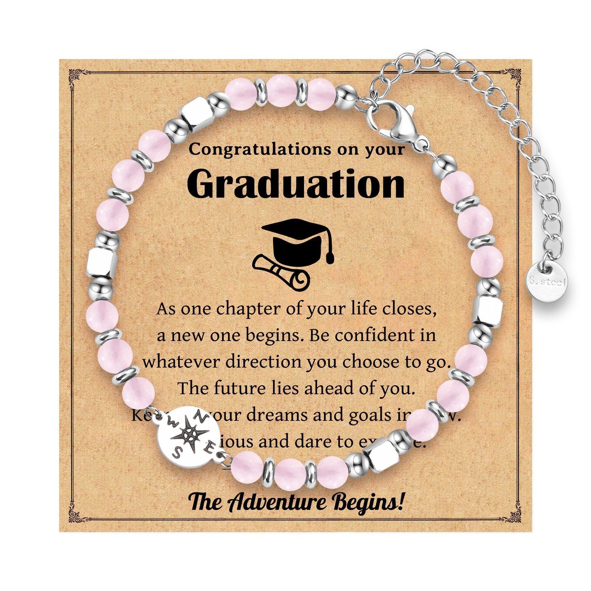 Graduation Season Bracelet Stainless Steel Pendant Silver Bead Crystal Compass Bracelet