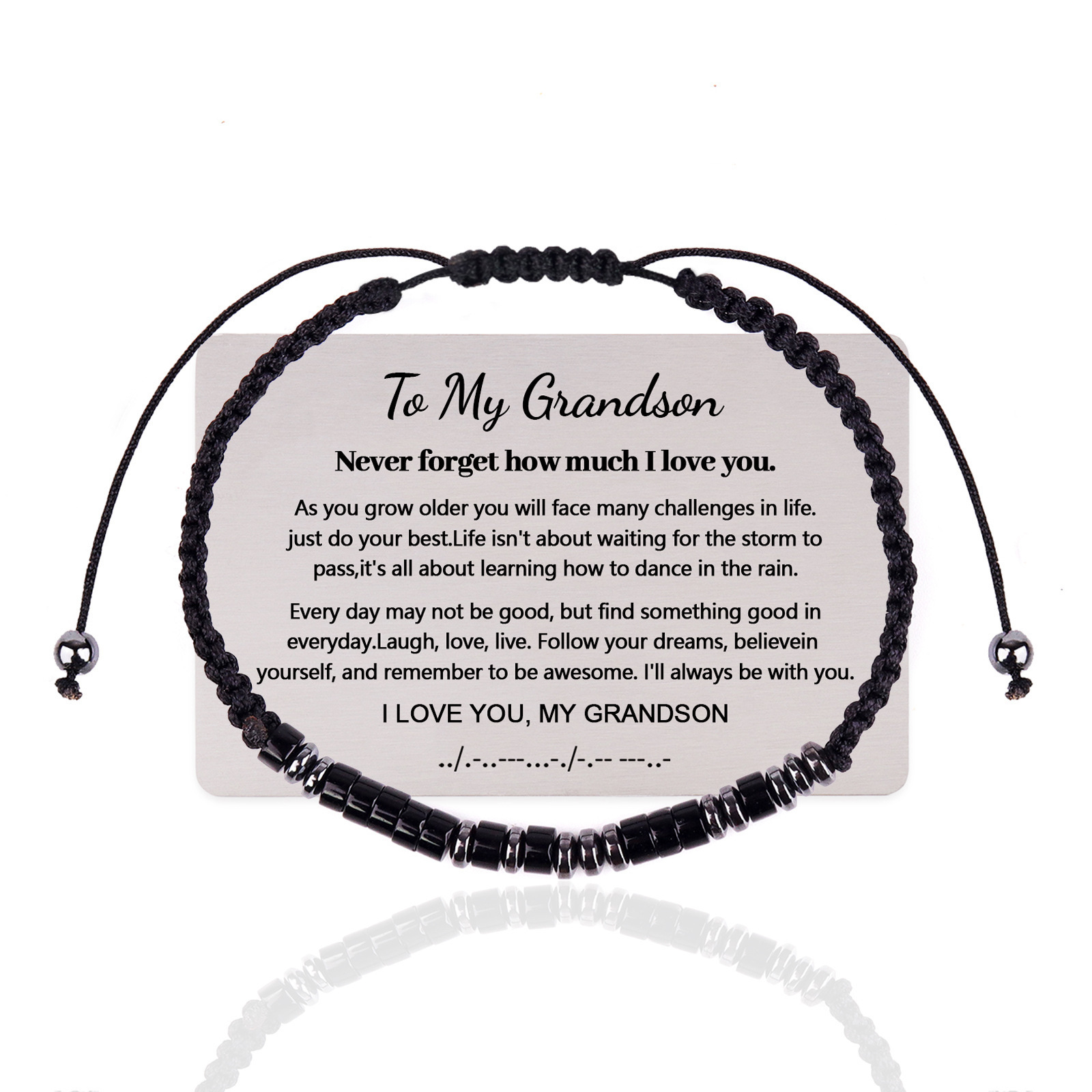 Morse code bracelet engraved steel plate wooden beaded bracelet