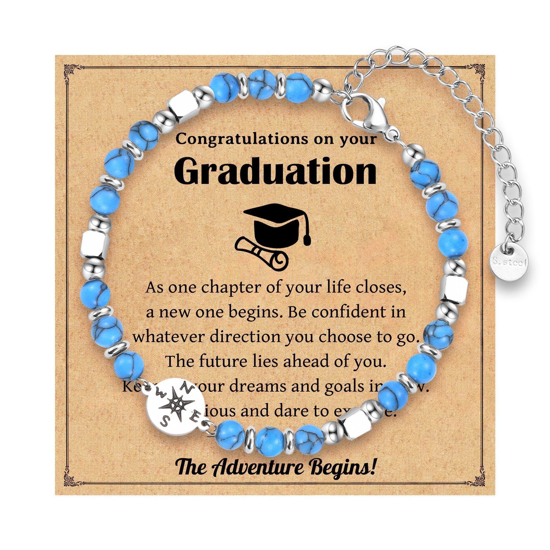 Graduation Season Bracelet Stainless Steel Pendant Silver Bead Crystal Compass Bracelet
