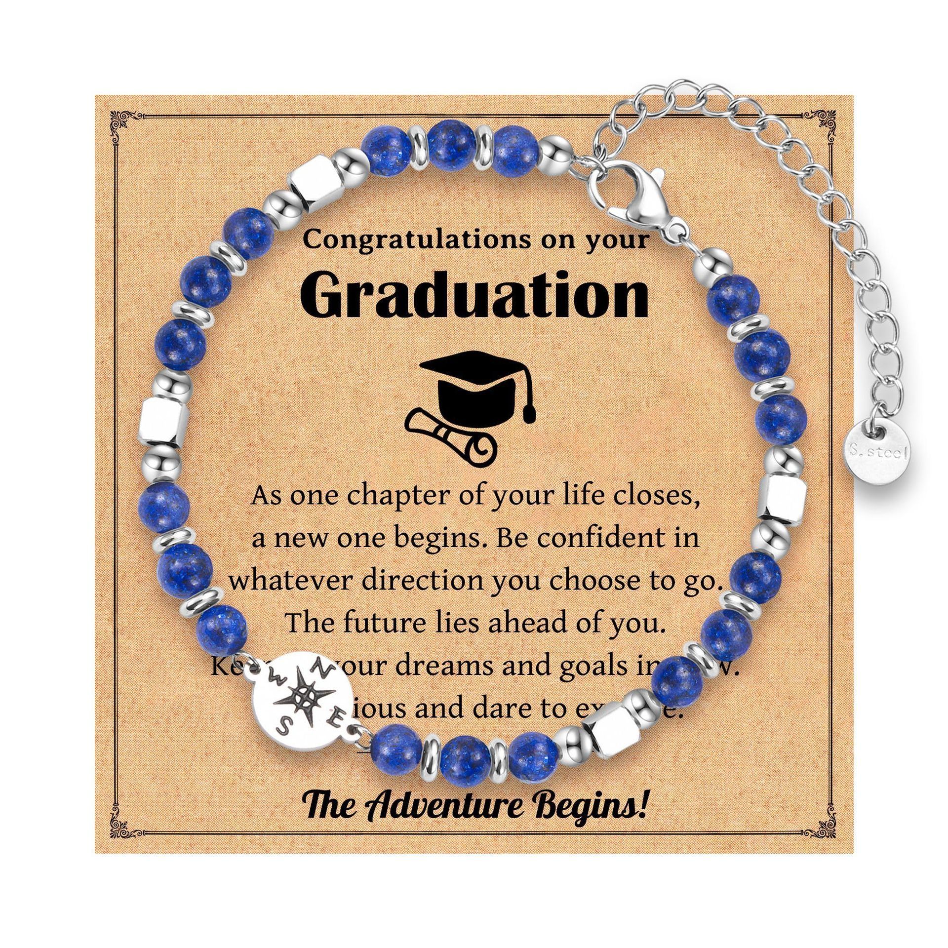 Graduation Season Bracelet Stainless Steel Pendant Silver Bead Crystal Compass Bracelet