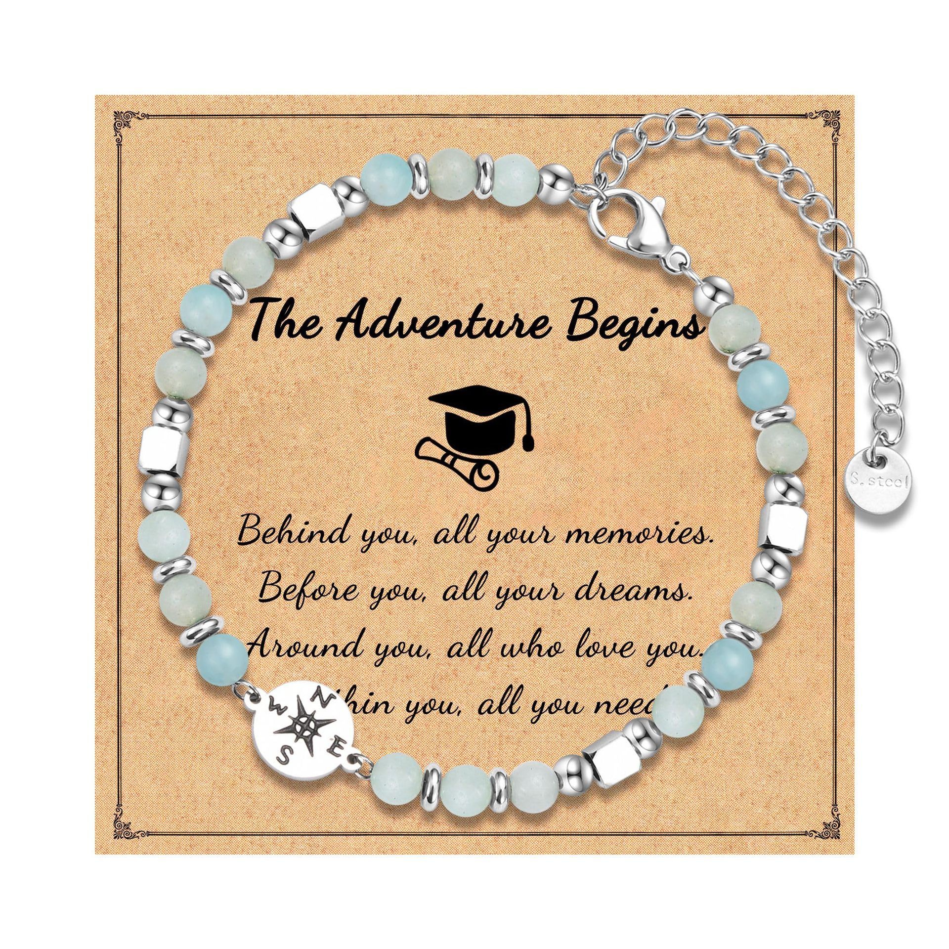 Graduation Season Bracelet Stainless Steel Pendant Silver Bead Crystal Compass Bracelet