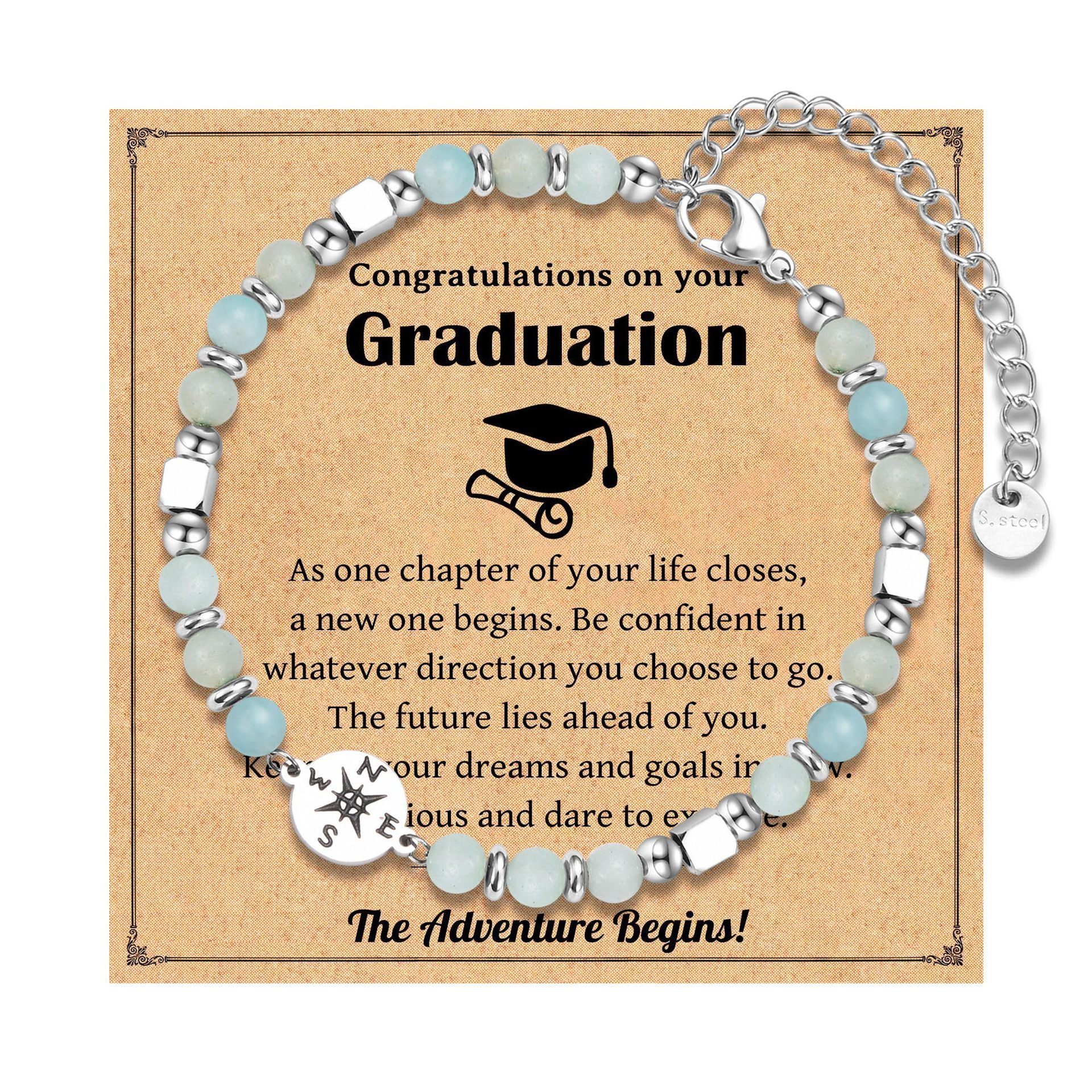 Graduation Season Bracelet Stainless Steel Pendant Silver Bead Crystal Compass Bracelet