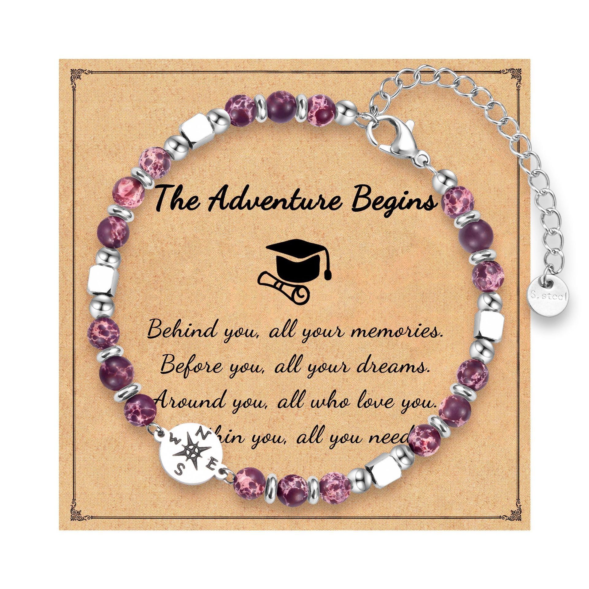 Graduation Season Bracelet Stainless Steel Pendant Silver Bead Crystal Compass Bracelet