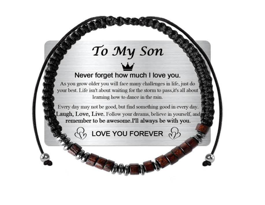 Morse code bracelet engraved steel plate wooden beaded bracelet