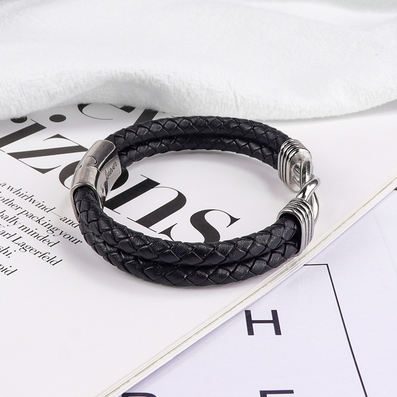 Leather bracelet engraved stainless steel magnetic double layer twist bracelet