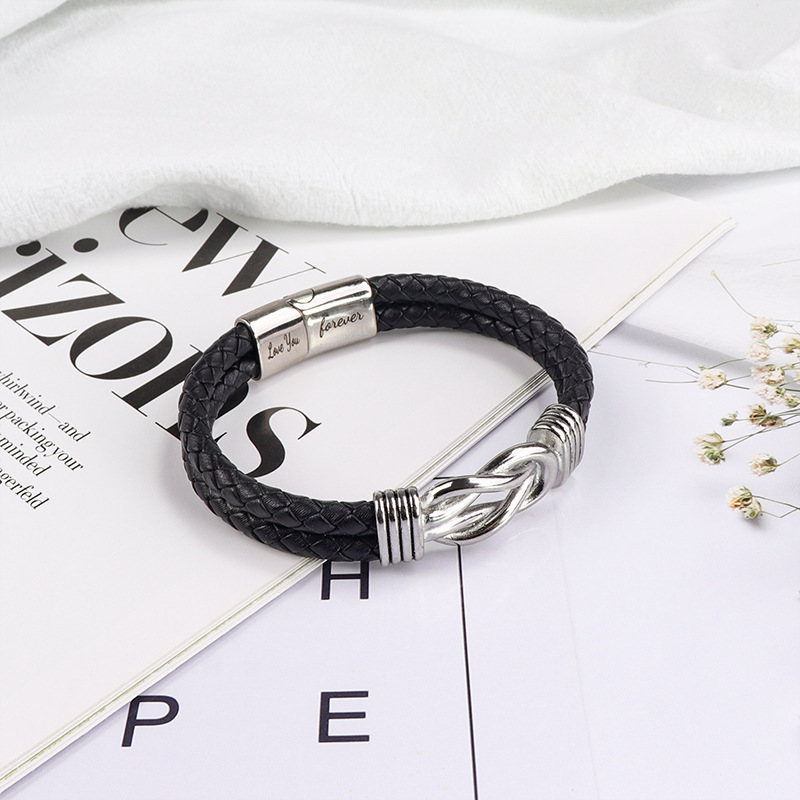 Leather bracelet engraved stainless steel magnetic double layer twist bracelet